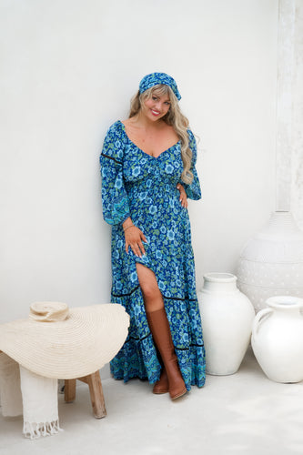 Eclectic Bohemian Bluebelle Fortune Teller Maxidress Long Sleeve Retro Floral Print PREORDER mid NOV
